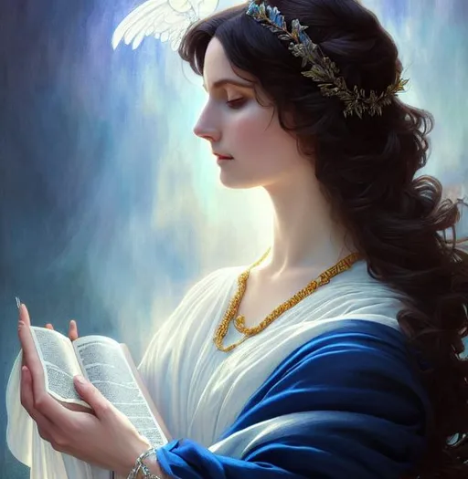 Prompt: philomena, patron saint of mental health, beautiful, dark hair, long hair, blue and white dress, sleeve, bible, gorgeous, amazing, elegant, intricate, highly detailed, digital painting, artstation, concept art, sharp focus, illustration, art by artgerm and greg rutkowski and alphonse mucha