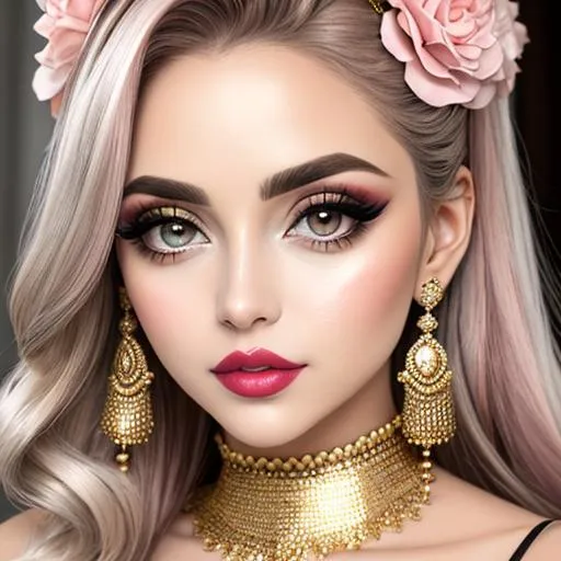 Prompt: big  eyes and carmine lips, silver and golden breaded silk, lips, pink cheeks