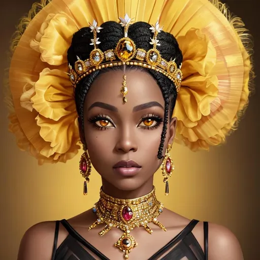 Prompt: Queen bee-A beautiful  black woman with hair arrainged in a top knot behind a gold tiara. Amber colored eyes, gown in colors of yellow and black, facial closeup