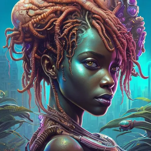 Prompt: "african hydropunk princess, science fiction, highly detailed, digital painting, beautiful eyes, symmetry, concept art, sharp focus, illustration, global illumination, radiant light, synthwave colors, detailed and intricate environment, art by artgerm and greg rutkowski and magali villeneuve and ilya kuvshinov!"