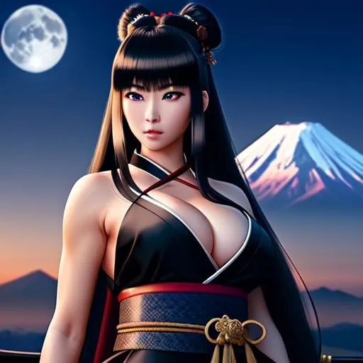 Prompt: Ultra-Realistic anime full body masterpiece of attractive seductive samurai warrior man with ultra realistic black long hair, tied man hair bunand ultra realistic blue eyes, ultra realistic traditional kimono outfit with deep cleavage, holding a katana, wonderful japanese face, standing near the mount Fuji at night, full moon mount fuji at the background, at night scene, very detailed face, extremely detailed face, highly detailed face, perfect face, perfect eyes, perfect teeth, perfect body, perfect anatomy, beautiful body, intricate details, hyperrealistic, professional, ideal human, sharp focus, epic, beauty, sensual feminine romance, highly detailed, detailed face, detailed body, UHD, HDR, 8K, 64k, render, HD Quality, trending on artstation, trending on cgsociety, award-winning, front view, canon, 24mm, hard moon lighting, ((huge chest)), ((handsome))