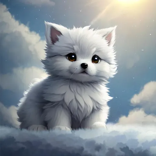 Prompt: Cute, very, very, light gray, fluffy, fantasy light puppy, with cloudy, white eyes, very, light, light, gray fur, and possessing the element of air and making circles of clouds and air move around in the air in a magical way, in a space background. Perfect features, extremely detailed, realistic. Krenz Cushart + loish +gaston bussiere +craig mullins, j. c. leyendecker +Artgerm.