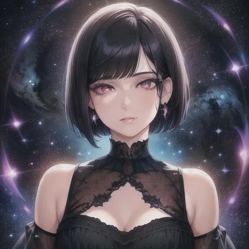 Prompt: (masterpiece, illustration, best quality:1.2), short trimmed black hair, cosmic eyes, wearing black nightgown, best quality face, best quality, best quality skin, best quality eyes, best quality lips, ultra-detailed eyes, ultra-detailed hair, ultra-detailed, illustration, colorful, soft glow, 1 girl