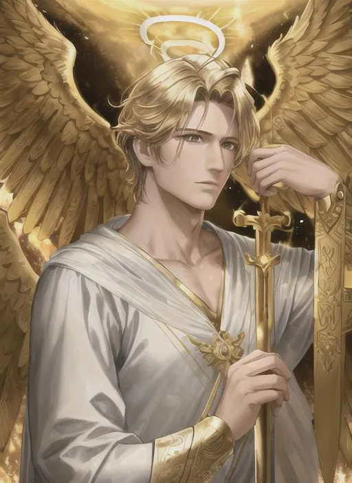 Prompt: Angel, halo, radiant golden light, seraph, six wings, photo realistic, Male, warrior, ancient, wallpaper, St michael, catholic, archangel, handsome, Male face, masculin face, 37 years old, Spears, fire, 16k