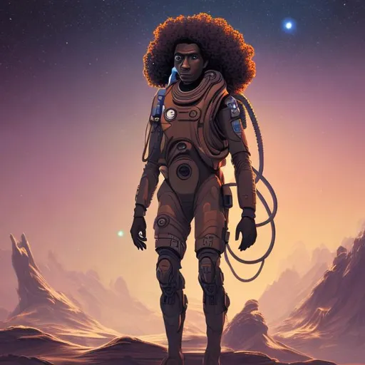 Prompt: create an illustration of a science fiction character that lives on another planet. hi-res. UHD, HDR. Fantasy colors. Black man, brown curly hair, some human like physical features.
