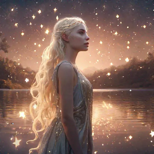 Prompt: Portrait of a beautiful girl surrounded by stars, standing at a lake. Flowing opal blonde hair, surrounded by orbs of gentle pale gold light, detailed matte painting, deep color, fantastical, intricate detail, splash screen, complementary colors, fantasy concept art, 8k resolution trending on Artstation Unreal Engine 5