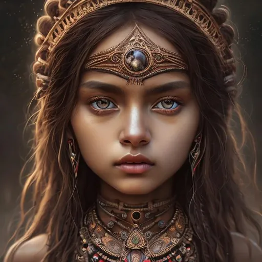 Prompt:  portrait of tribal woman, smooth soft skin, big dreamy eyes, beautiful intricate dark hair, symmetrical, anime wide eyes, soft lighting, detailed face,, wearing many color necklace ,digital painting, looking into camera