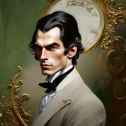 Prompt: Full body splash art, portrait of skinny handsome man with long, silky dark hair, poet, musician, androgynous, extremely long dark hair, pale skin, green eyes, victorian clothes, top hat, solo picture, elegant, highly detailed, intricate, smooth, sharp focus, artstation, digital painting, concept art, art by greg rutkowski, alphonse mucha and John William Waterhouse, dark, eerie, gothic, creepy