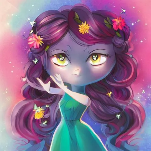 Prompt: Halo graphic, radiant, shadows, puckers lips, bright wide eyes, mysterious woman, colored hair, looking off to the side,  pose hands,  flowy dress, hair tight curls, spring, pokemon plushie, delicate, flowers petals,

