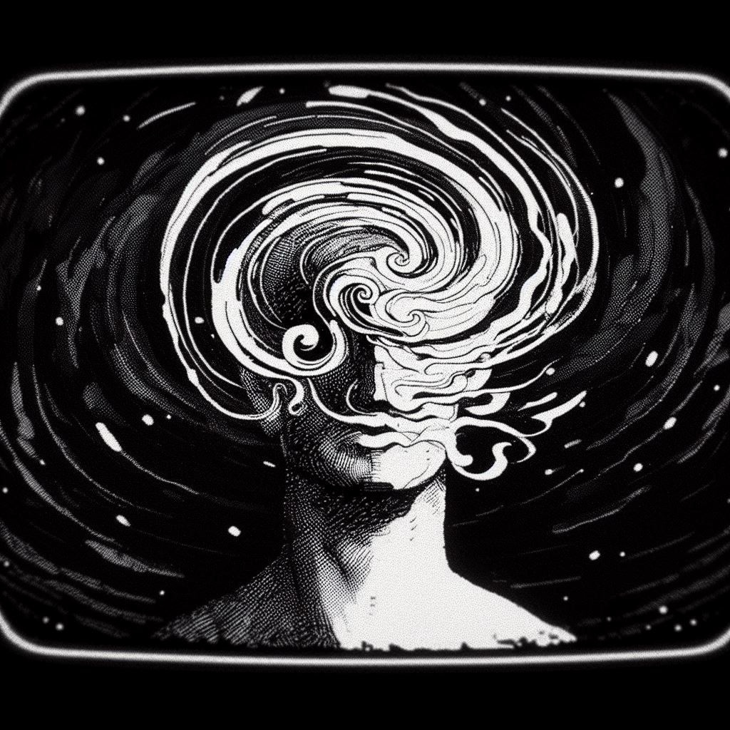 Prompt: eanimation on an 8bit background, in the style of surrealist visionary, painterly lines, tokina opera 50mm f/1.4 ff, playful caricature, black and white contrast, swirling vortexes, projection mapping