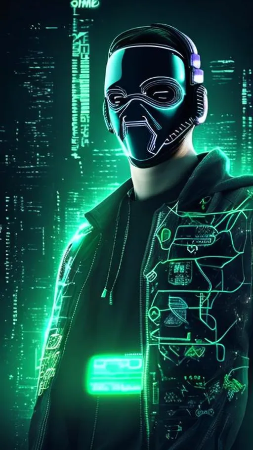 Prompt: man, cs and cyberpunk style, green neon lights and mask, dark