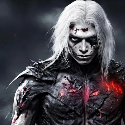 Prompt: human, young, long white hair, men, mutant, scars, blood, boy,  black leather clothes