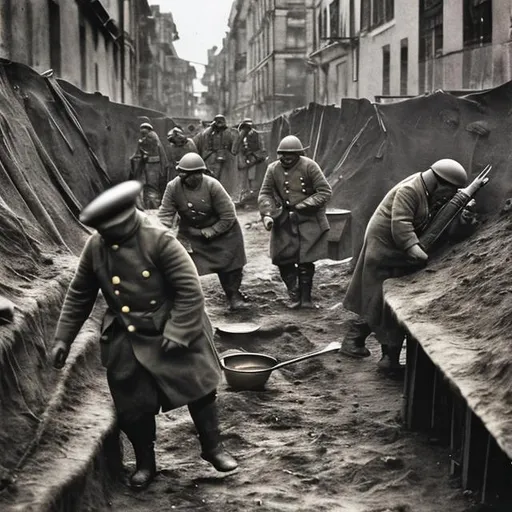 Prompt:  trench warfare, poverty, chef, cooking, gourmet, trench, underground, rainy, officers