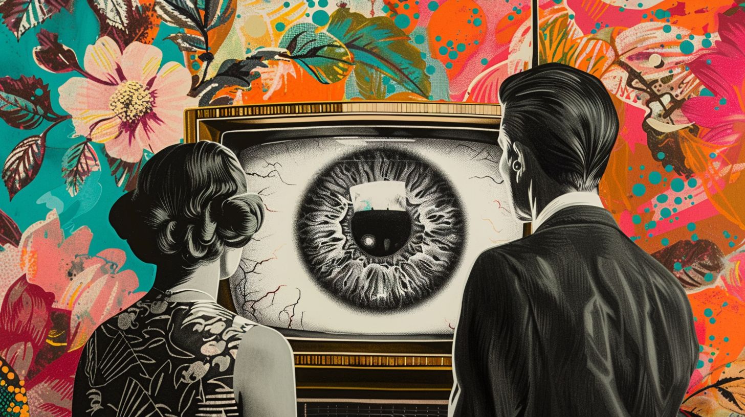 Prompt: a man and woman are staring at a tv screen with an eyeball in the background of the image, Edwin Georgi, pop surrealism, tristan eaton, a pop art painting