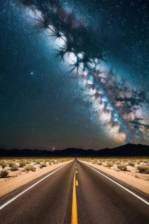 Prompt: Liminal space, eerie, Dark desert highway, night time, tumbleweed, cacti, pink, abandon gas station, stars in the sky, ultra detailed, photorealistic , 4k, HD, centered, aesthetic, popular on Etsy, feminine