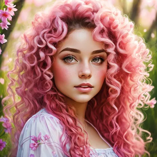 Prompt: a young fairy of spring, very curly hair, pink glow on cheeks,wildflowers, vivid colors, closeup