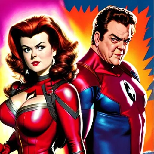 Prompt: photorealstic 90s marvel superhero movie poster of barbara hale as scarlet witch with raymond burr as deadpool 