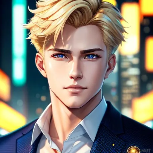 Prompt: masterpiece, splash art, hyper detailed, high detailed face, symmetrical, high resolution art, anime style art, beautiful boy, intricate blonde short wave hair, perfect body, wearing a formal linnen suit, serious happy face, sharp face, hyper detailed eyes, super model perfect face, HDT, amazing work, cinematic distant front view, intricate cyberpunk room background, ambient occlusion, high shadow quality