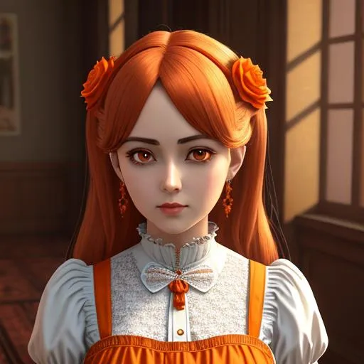 Prompt: 3d anime woman and 4k full HD from the Victorian era, elegant, with orange aesthetic