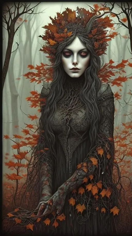 Prompt: "autumn forest witch, black leaves, detailed, intricate, surreal, christian schloe art"