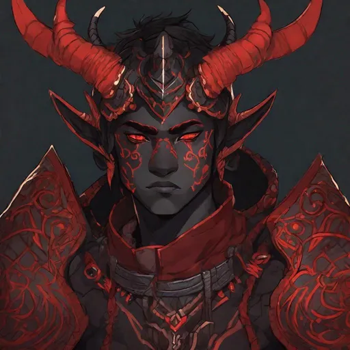 Prompt: A oni boy with a black heavy armor. red skin and short horns on the front of the head. Well draw face, detailed. changeling the dreaming. Rpg art. 2d art. 2d. 
