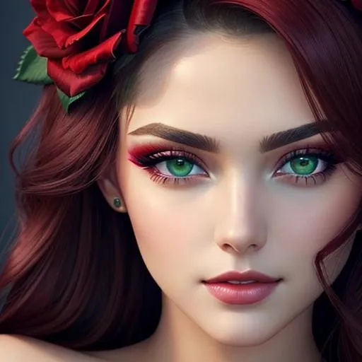 Prompt: Beauty, Beautiful and Gorgeous red roses in hair, green eyes,pretty makeup, facial closeup