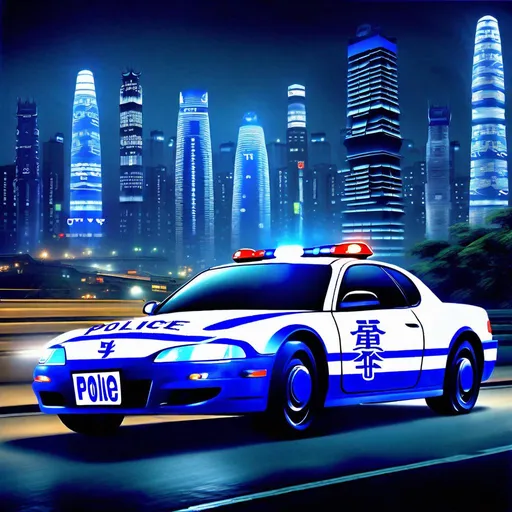 Prompt: Subject: "Police cars"

Creative descriptions: Sleek, blue and white sports cars adorned with Chinese characters and the powerful Chinese characters "坡力士". The police e-card are covered only with Chinese characters. Flashing lights illuminate the darkness, casting an eerie glow.

Environment: A bustling city at night, with towering skyscrapers and neon signs reflecting off wet pavements. The streets are alive with a mix of excitement and tension.

Mood/Feelings: A sense of authority and vigilance permeates the air. There's an undercurrent of urgency and anticipation, as if something significant is about to unfold.

Artistic medium/Techniques: The scene captures the interplay of light and shadow, highlighting the contrast between the glowing police cars and the dark cityscape. Long exposure techniques enhance the dynamic movement of the flashing lights.

Artists/Illustrators/Art Movements: Inspired by the works of Edward Hopper, with his mastery of capturing urban solitude, and influenced by the noir aesthetic of film noir and graphic novel illustrations.