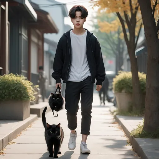 Prompt: A boy named park jimin is walking down the sidewalk carrying a black cat, frontal view, 4k realism