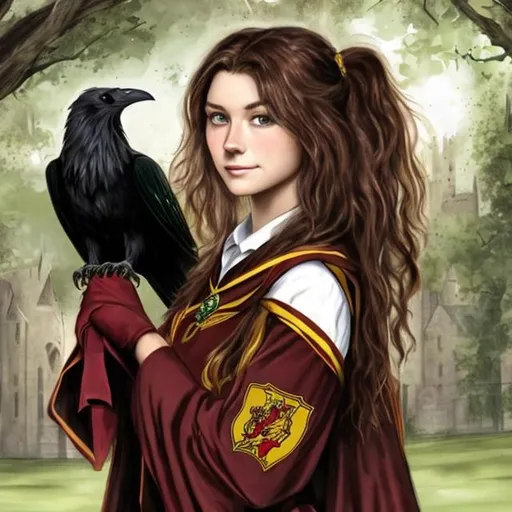 Prompt: brown-haired, green-eyed woman as a Gryffindor student at Hogwarts with a black raven
