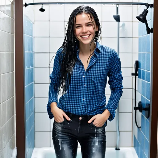 Prompt: photo of young woman, soaking wet clothes, small black boots, tight long blue skinny jeans, checkered shirt with long sleeves,  , standing in the shower with soaking wet hair smiling at me full body,   enjoying, water dripping from clothes, clothes stuck to body,  detailed textures of the wet fabric, wet face, wet plastered hair,  wet, drenched, professional, high-quality details, full body view.