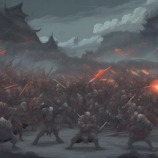 Prompt: Dark fantasy world, battlefield, big battle of two armies,
Orcs, goblins, undead on one side
Humans, archers, knights, catapults firing on other side,
Close look
Drawn in 90’s anime style