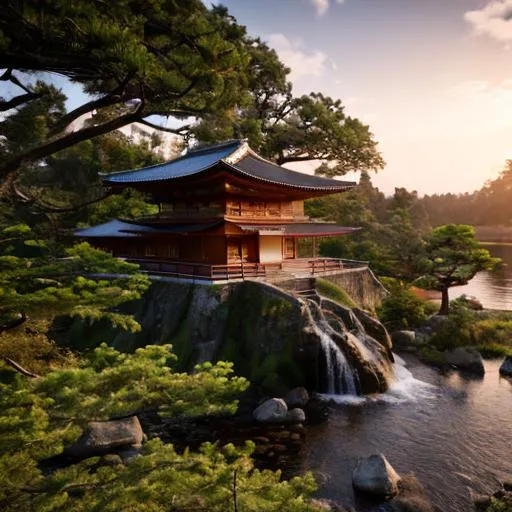 Prompt: Japanese temple, sunset, waterfalls, rocks, trees, nature, beautiful stylish view, 8k