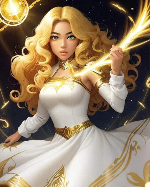 Prompt: A beautiful 15 year old ((Latina)) light elemental with light brown skin and a beautiful face. She has curly yellow hair and yellow eyebrows. She wears a beautiful white dress with gold. She has brightly glowing yellow eyes and white pupils. She wears a gold tiara. She has a yellow aura around her. She is using yellow light magic against a entire army in a beautiful open field. She is fighting aggressively. She is upset. Epic battle scene art. Scenic view. Full body art. {{{{high quality art}}}} ((goddess)). Illustration. Concept art. Symmetrical face. Digital. Perfectly drawn. A cool background. Five fingers