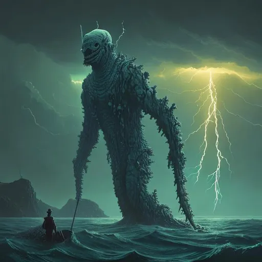 Prompt: Leviathan scary pale figure towering over dark ocean with lightning 8k in the style of Simon stahlenhag