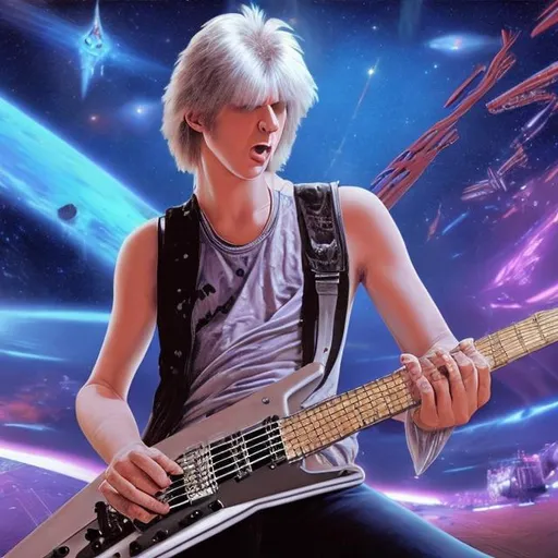 Prompt: Realistic 18 year old Michael Schenker playing guitar for tips in a busy alien mall, widescreen, infinity vanishing point, galaxy background