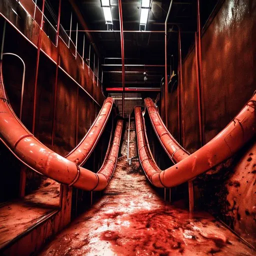 Prompt: Indoor water slides empty dirty vomit dilapidated night dim lighting red dirty dry dark drain meat flesh nightmare holes deep empty