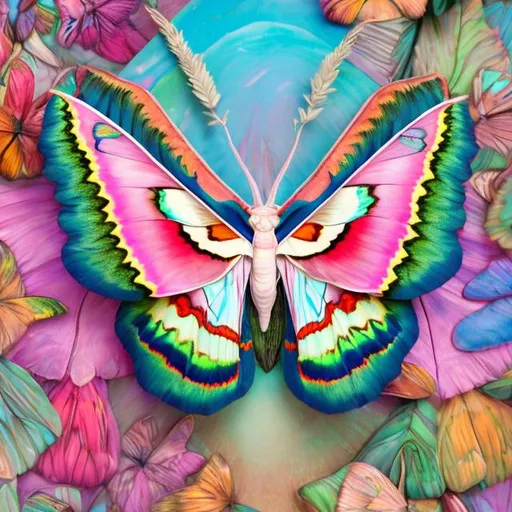 Prompt: Pastel atlas moth diorama in the style of Lisa frank