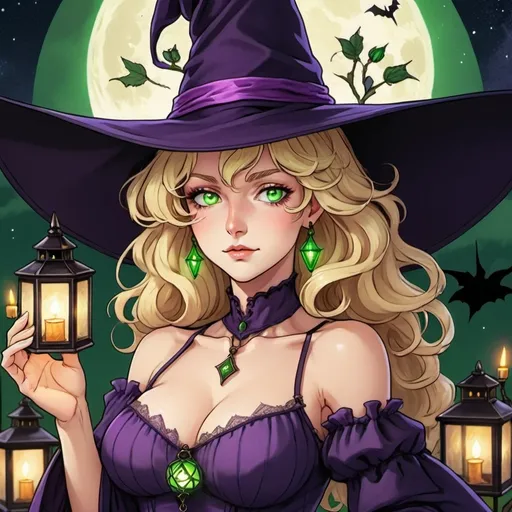 Prompt: tarot card Anime illustration, a mature blonde with 
wavy hair, called Lisa know also as 'Witch of Purple Rose'. She has intensely green eyes, pale complection, sizeable decolletage and gentle yet flirty face. A small lantern hangs from the tip of her pointy hat.