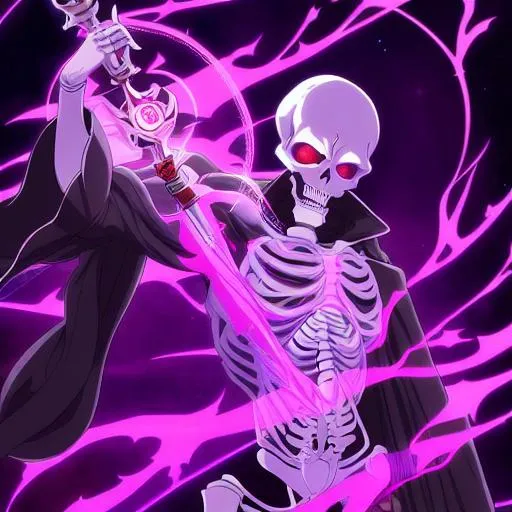 Prompt: An Skeleton who is a mage, wearing a sinister cloak, holding a staff, portrait shot, Anime key visual, digital art, cell shaded, ghibli studio