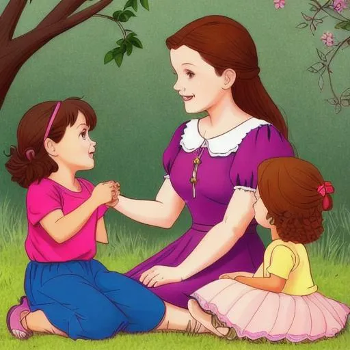 Prompt: A women awarding a little girl and boy in  kids story  telling style 
