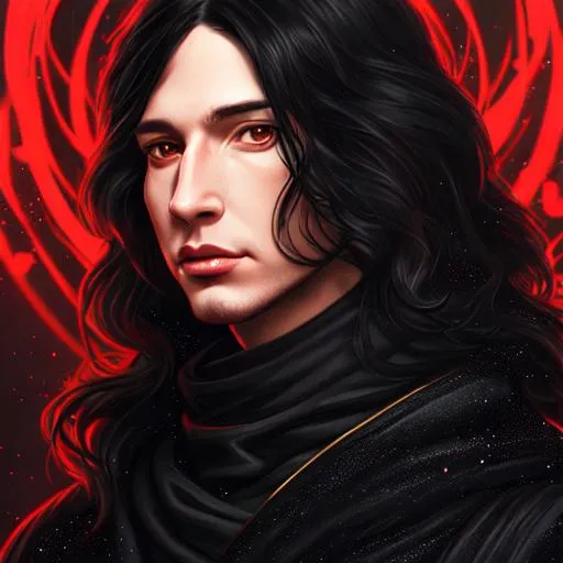 Prompt: character portrait of long haired kylo ren in style of kinuko y craft, symmetrical, beautiful, digital painting, flowing black hair + golden eyes, hyperrealistic,  fantasy, digital painting, highly detailed, dramatic, red glow