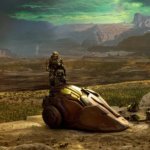 Prompt: Spartan III, red Mjolnir armor, gold visor, standing on mountainside, desert, green sky, stars, plants, UNSC crates, Sniper rifle resting on a container, green oasis in the background.