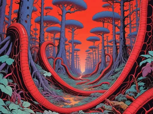 Prompt: Red alien jungle, filled with screaming trees with mouth-like organs on trunks, and giant worms wriggling on the forest floor, psychedelic, in style of Moebius