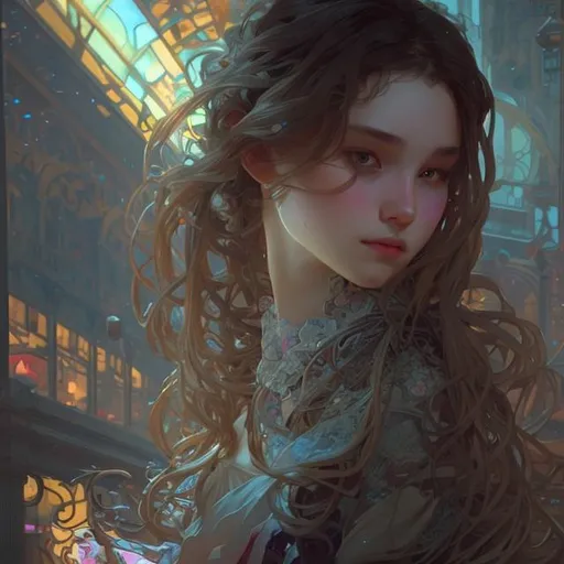 Prompt: A beautiful girl who is coding with laptop, , 8k resolution concept art portrait by WLOP, Alphonse Mucha dynamic lighting hyperdetailed intricately detailed Splash art trending on Artstation triadic colors Unreal Engine 5 volumetric lighting