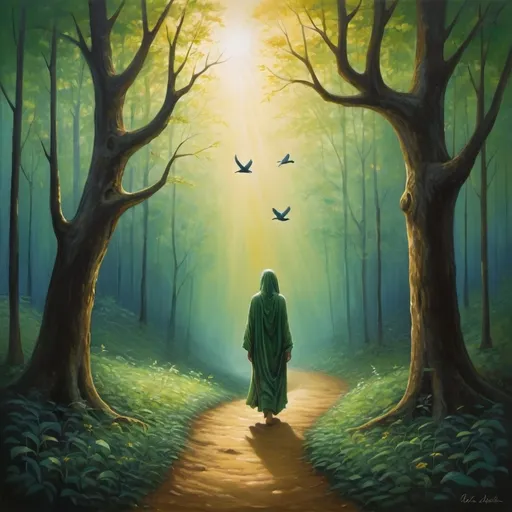 Prompt: The scene takes place on a winding path through an ancient, enchanted forest, symbolizing the journey of life. The path is illuminated by a soft, golden light, creating a serene yet mysterious atmosphere. The trees are tall and majestic, their leaves shimmering in hues of deep green and gold, signifying wisdom and maturity. Along the path, there are two figures.

One figure is walking forward confidently, their form glowing with inner light, representing someone who is secure in their self-worth and moving forward in life. Their expression is calm, and they carry a sense of peace, even though the path ahead is winding and uncertain.

The other figure is further back, shrouded in shadow. They appear hesitant and are looking backward, pulled away by ghostly hands emerging from the trees, representing the influence of others' opinions and doubts. This figure's form is fading, symbolizing the fragility of a friendship that cannot withstand outside influences.

In the background, the forest opens up to reveal a clearing bathed in sunlight, symbolizing the destination of true friendship and peace. The path to the clearing is clear, but only the figure who has let go of the shaky connection will reach it.

Above the path, delicate, ethereal birds fly toward the clearing, representing the freedom and lightness that comes with releasing those who do not truly support you. The birds are painted with fine, intricate details, adding a sense of elegance to the painting.

The color palette of the painting is warm and inviting, with soft gradients of gold, green, and deep blue, creating a sense of harmony and balance. The brushstrokes are smooth and flowing, evoking a sense of movement and progress.