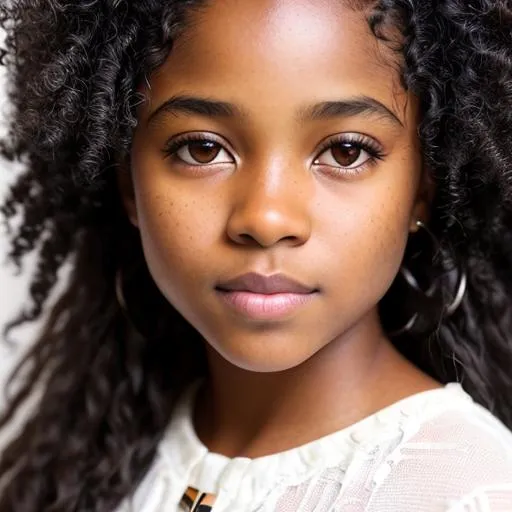 Prompt: Please produce a photo of a black girl, 4c hair , 12 yo, dark brown eyes, close set eyes, is a girl, dark skin, acne, y2k clothing, , hyper realistic, black hair ,pretty eyes in a professional photoshoot, symmetrical face,professional lighting, highly detailed  art by greg rutkowski and alphonse mucha add film grain and colour noise slightly open sensual mouth
