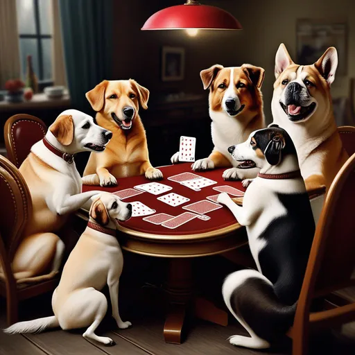 Prompt: Realistic dogs playing cards at a table 