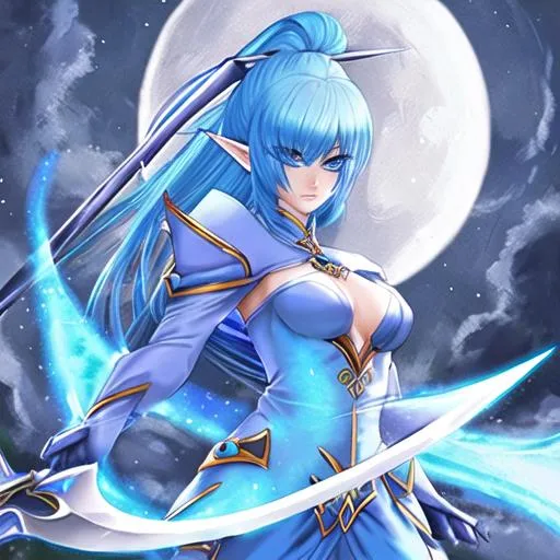 Prompt: pretty moon elf girl, with blue hair, wielding a scythe