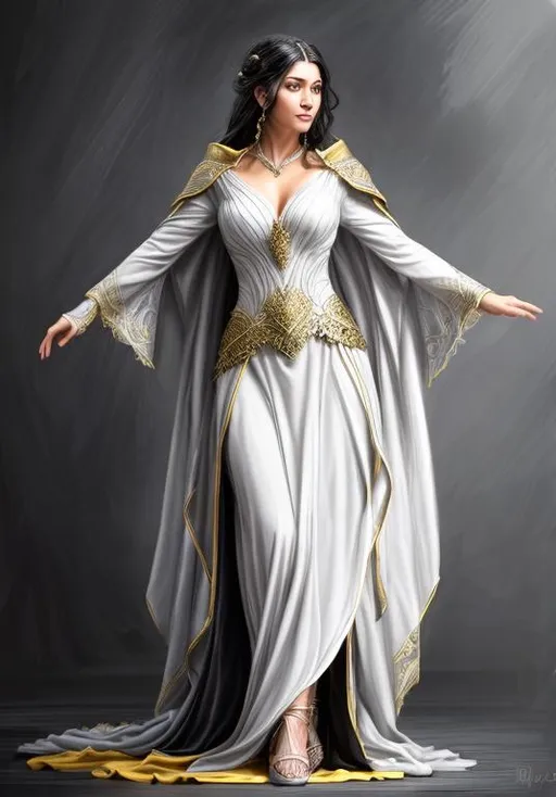 Prompt: Character concept art of a beautiful 
 and intense female sorcerer in her 30s with flowing black hair under a black cloak with bright yellow eyes wearing a fitted gray dress casting a spell. Fantasy, intricate, elegant, highly detailed, digital painting, trending on artstation, detailed face, realistic face, smooth, sharp focus, illustration art by Stanley Lau