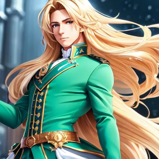 Prompt: Full-body detailed masterpiece, high-res, quality upscaled image, 16k upscaled image, 4k, 4k perfect composition, pose study, detailed complex pose, unique pose, anatomically correct, accurate bodily proportions, anime style; prince, detailed very straight blond hair, detailed long hair, handsome dreamy blue irises, extremely pale green complexion, smooth handsome complexion, athletic body type, adult bodily proportions, complex detailed green long pointed ears, handsome detailed goblin; wearing complex detailed clothing